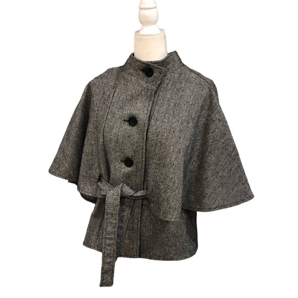 ASHLEY STEWART Retro Style Wool Tweed Tie Belt Single Breasted Cape Jacket Sz M - Picture 1 of 8